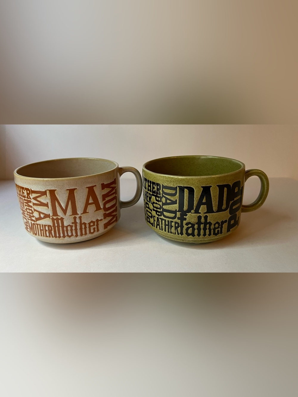 Vintage 1970’s pair of soup/coffee mugs featuring the names of mom and dad